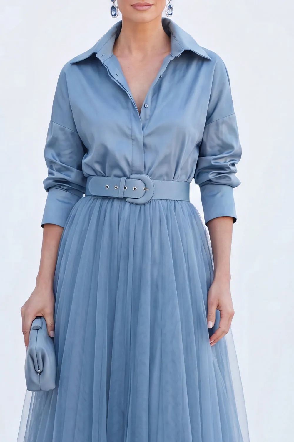 Grey Blue A Line Tulle Long Mother of the Bride Dress with Belt sold by Wedtrend product image thumbnail 3