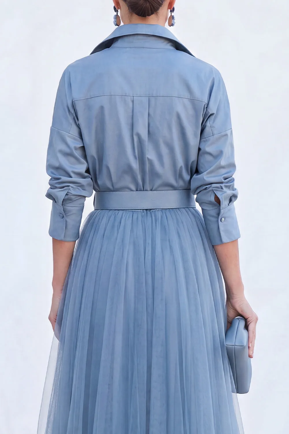 Grey Blue A Line Tulle Long Mother of the Bride Dress with Belt sold by Wedtrend product image thumbnail 4