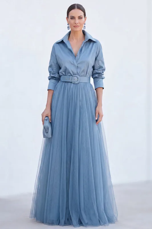Grey Blue A Line Tulle Long Mother of the Bride Dress with Belt made by Wedtrend