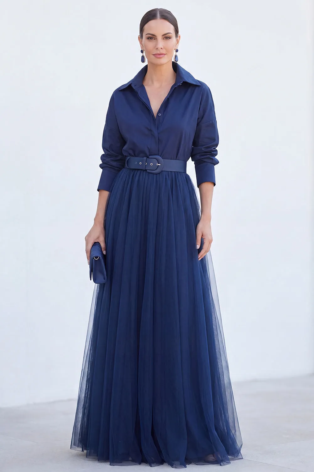 Grey Blue A Line Tulle Long Mother of the Bride Dress with Belt sold by Wedtrend product image thumbnail 5