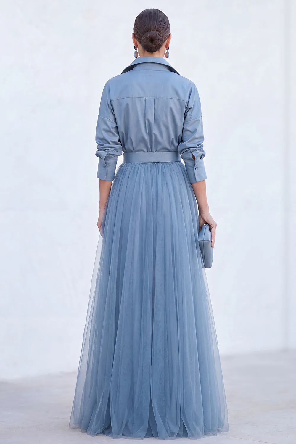 Grey Blue A Line Tulle Long Mother of the Bride Dress with Belt sold by Wedtrend product image thumbnail 2