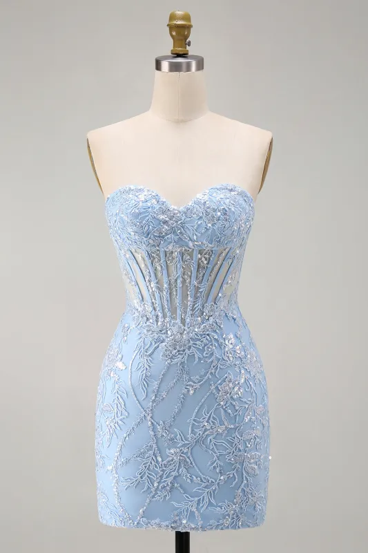 Strapless Blue Corset Embroidered Bodycon Homecoming Dress made by Wedtrend