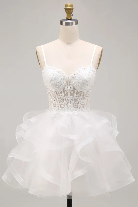 White Corset Applique Ruffle A Line Homecoming Dress with Lace-up Back made by Wedtrend