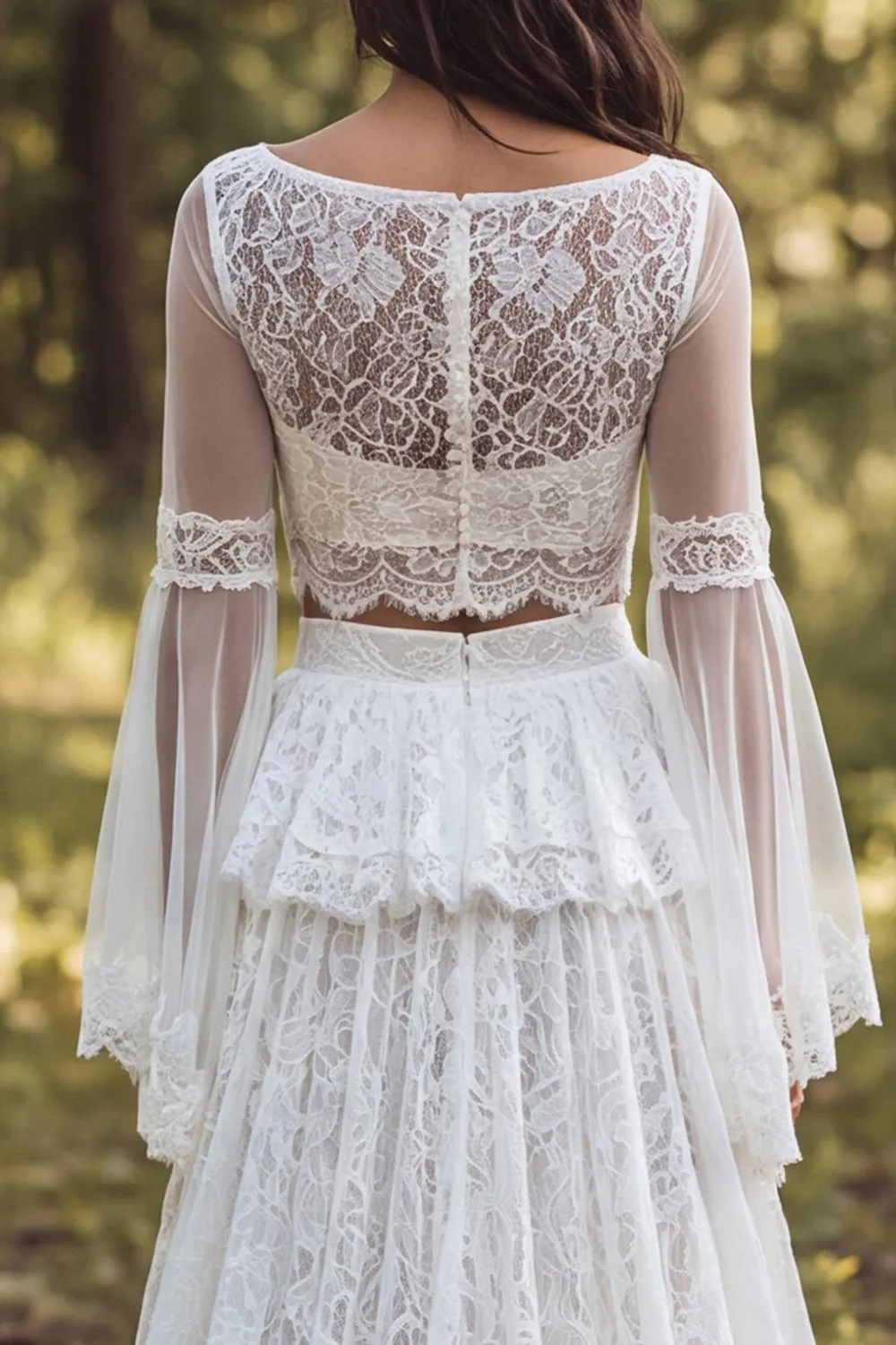 2 Piece Lace Ivory A Line Bateau Neck Ruffled Retro Wedding Dress with Slit sold by Wedtrend product image thumbnail 4