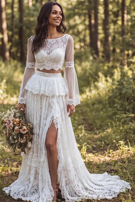 2 Piece Lace Ivory A Line Bateau Neck Ruffled Retro Wedding Dress with Slit made by Wedtrend
