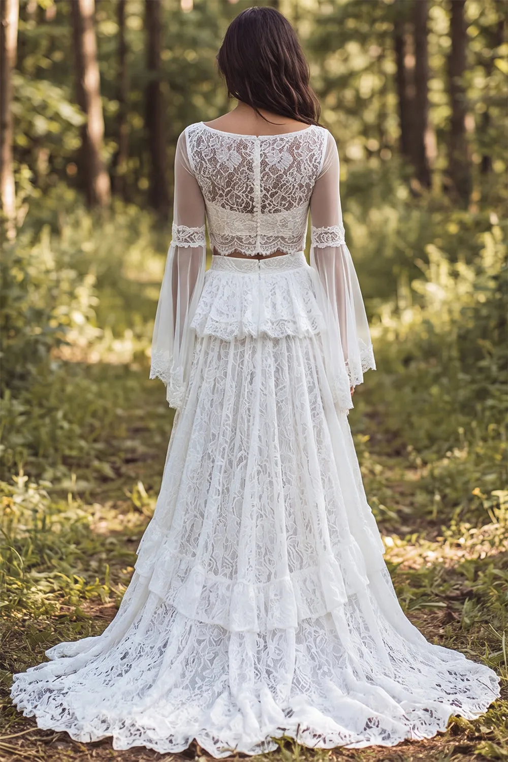 2 Piece Lace Ivory A Line Bateau Neck Ruffled Retro Wedding Dress with Slit sold by Wedtrend product image thumbnail 2