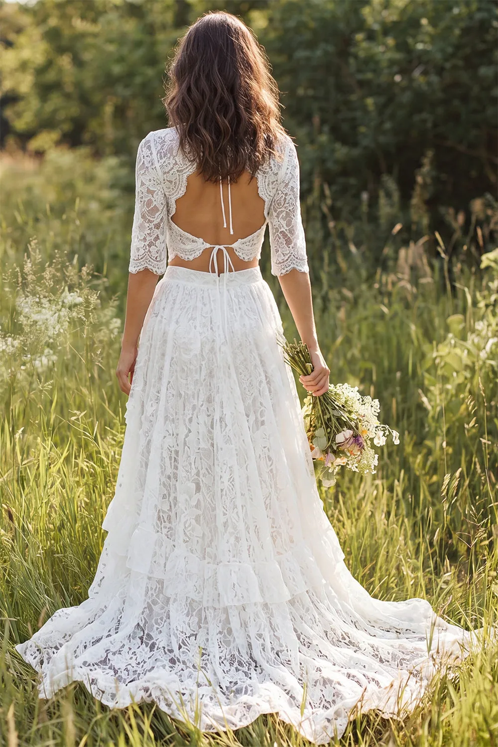 Boho Ivory Lace A Line V Neck Half Sleeve 2 Piece Wedding Dress with Slit sold by Wedtrend product image thumbnail 2