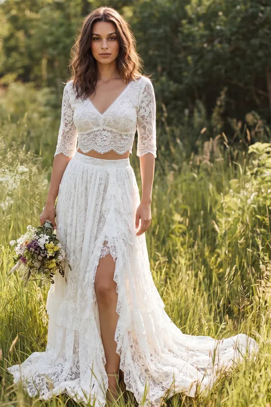 Boho Ivory Lace A Line V Neck Half Sleeve 2 Piece Wedding Dress with Slit made by Wedtrend