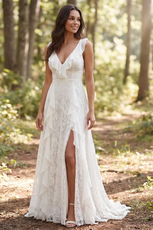 Ivory A Line V Neck Ruffled Lace Wedding Dress with Slit made by Wedtrend