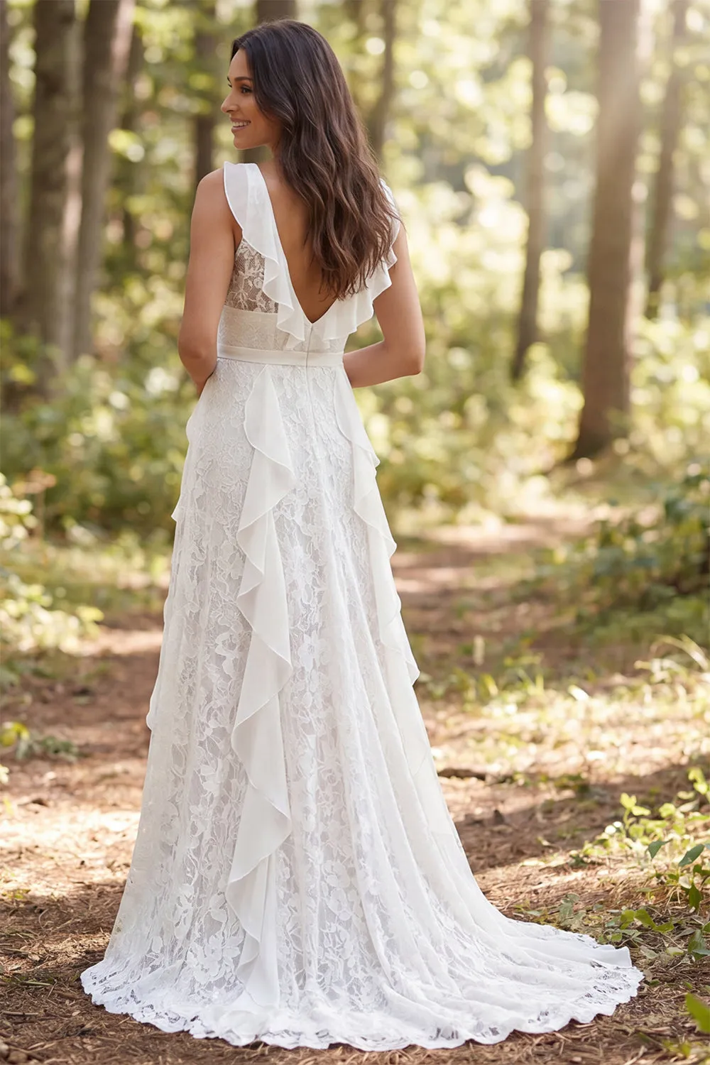 Ivory A Line V Neck Ruffled Lace Wedding Dress with Slit sold by Wedtrend product image thumbnail 2