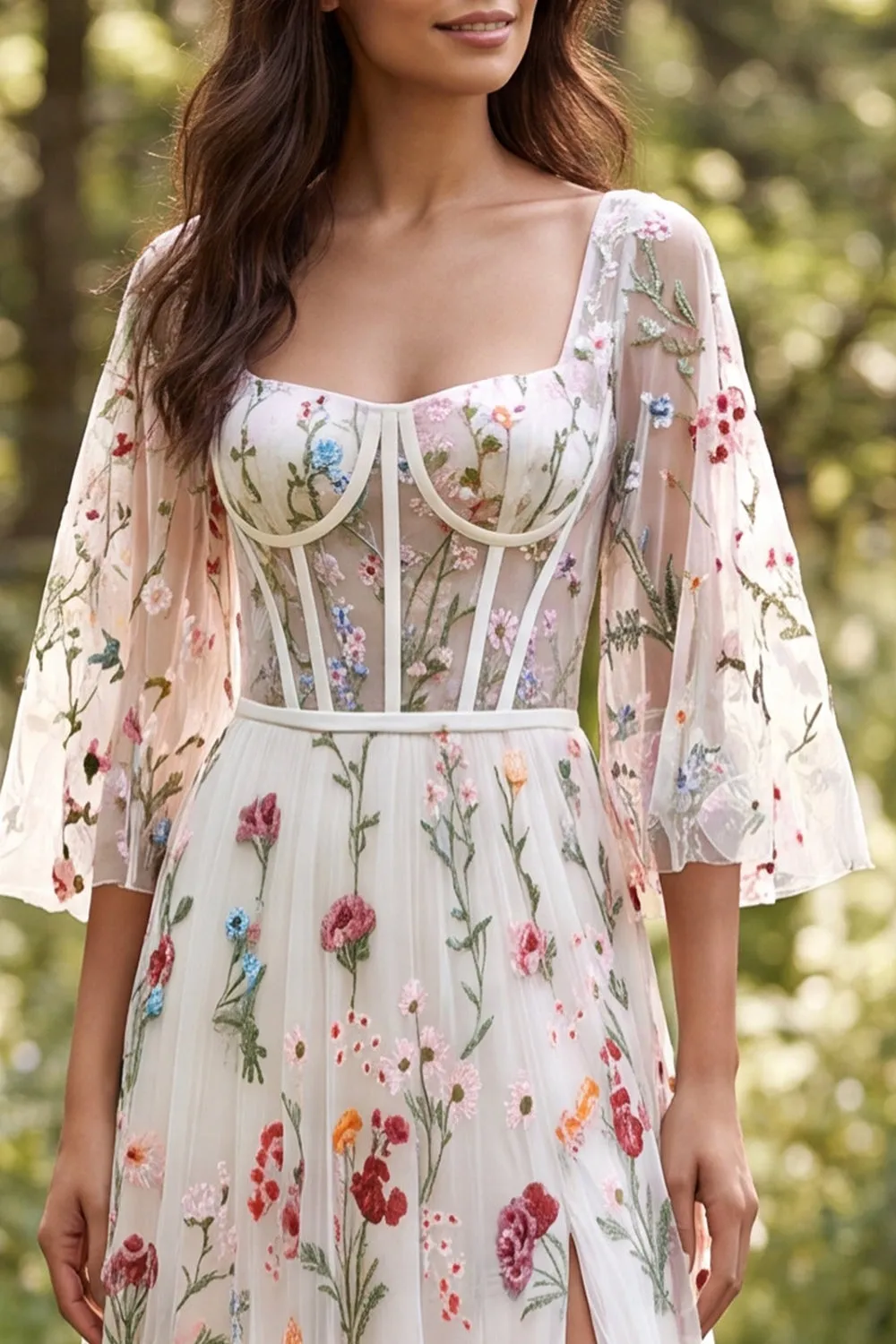 Ivory A Line Floral Embroidered Sheer Corset Long Wedding Dress with Slit sold by Wedtrend product image thumbnail 3