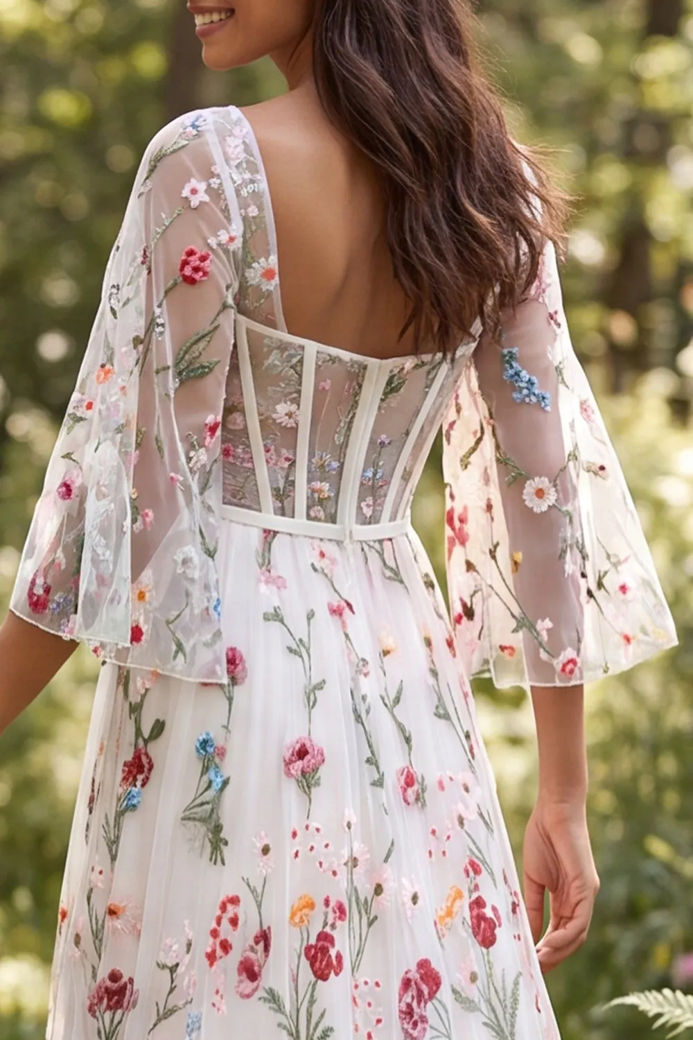 Ivory A Line Floral Embroidered Sheer Corset Long Wedding Dress with Slit sold by Wedtrend product image thumbnail 4