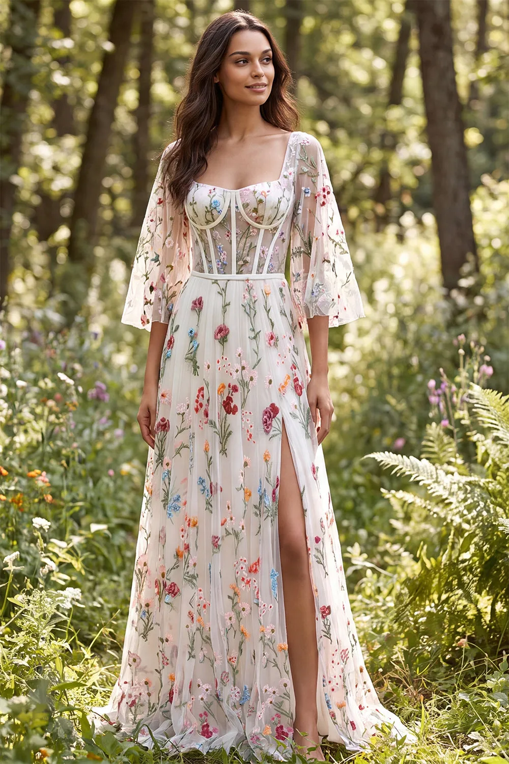 Ivory A Line Floral Embroidered Sheer Corset Long Wedding Dress with Slit sold by Wedtrend