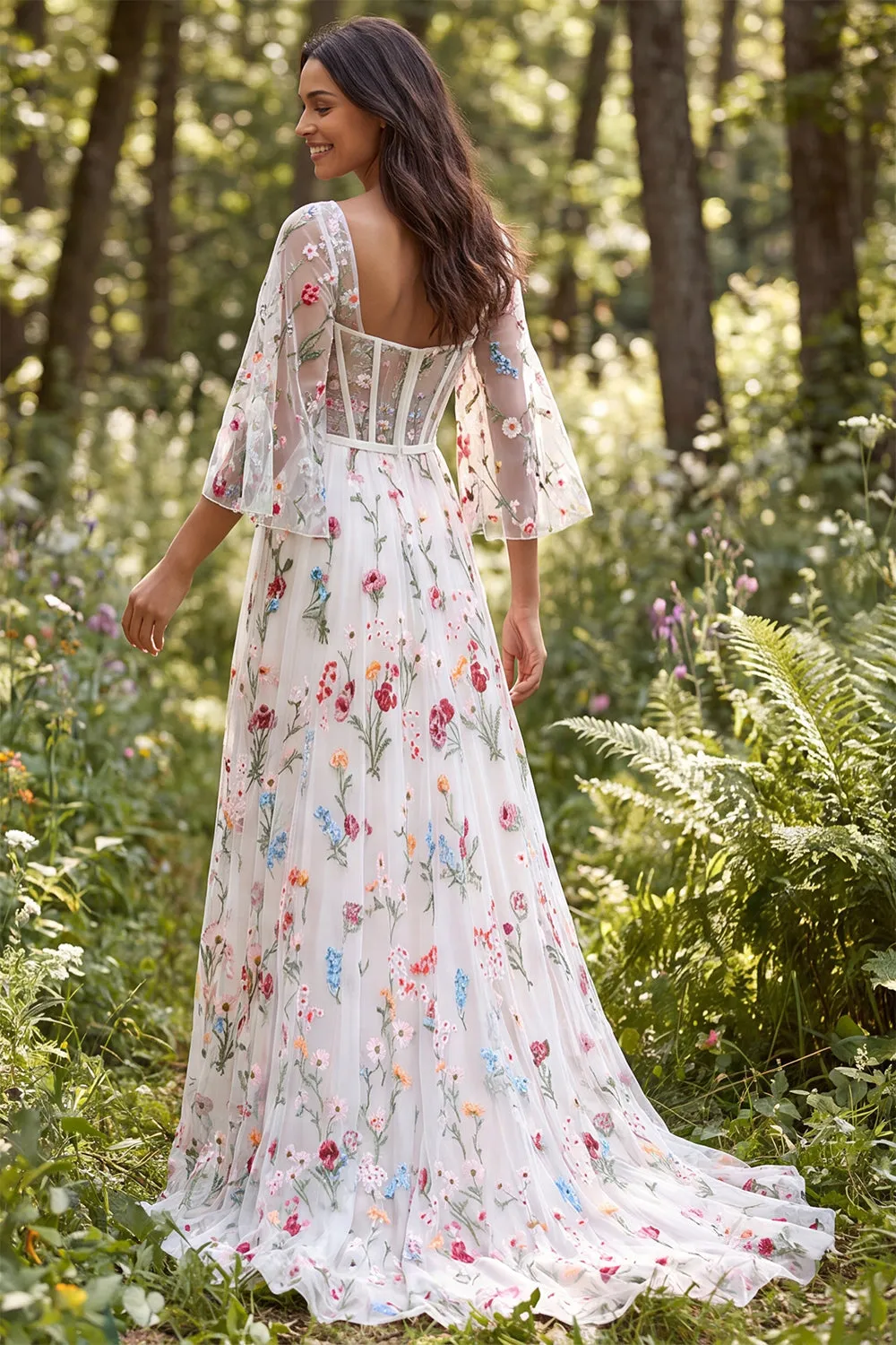 Ivory A Line Floral Embroidered Sheer Corset Long Wedding Dress with Slit sold by Wedtrend product image thumbnail 2
