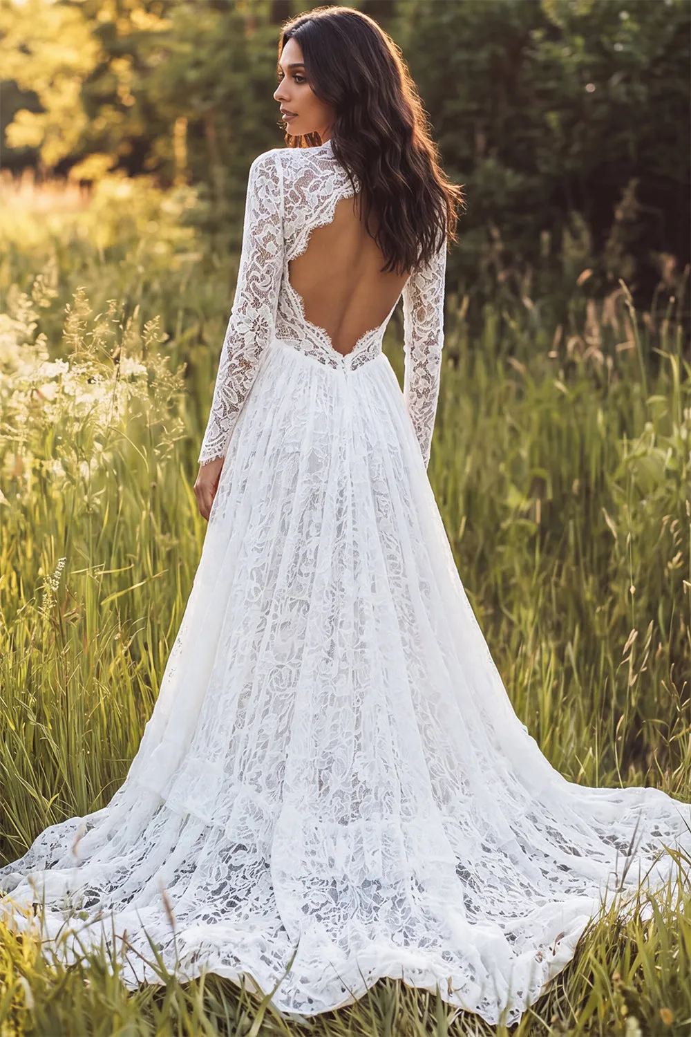 Lace Ivory A Line V Neck Long Sleeve Wedding Dress sold by Wedtrend product image thumbnail 2