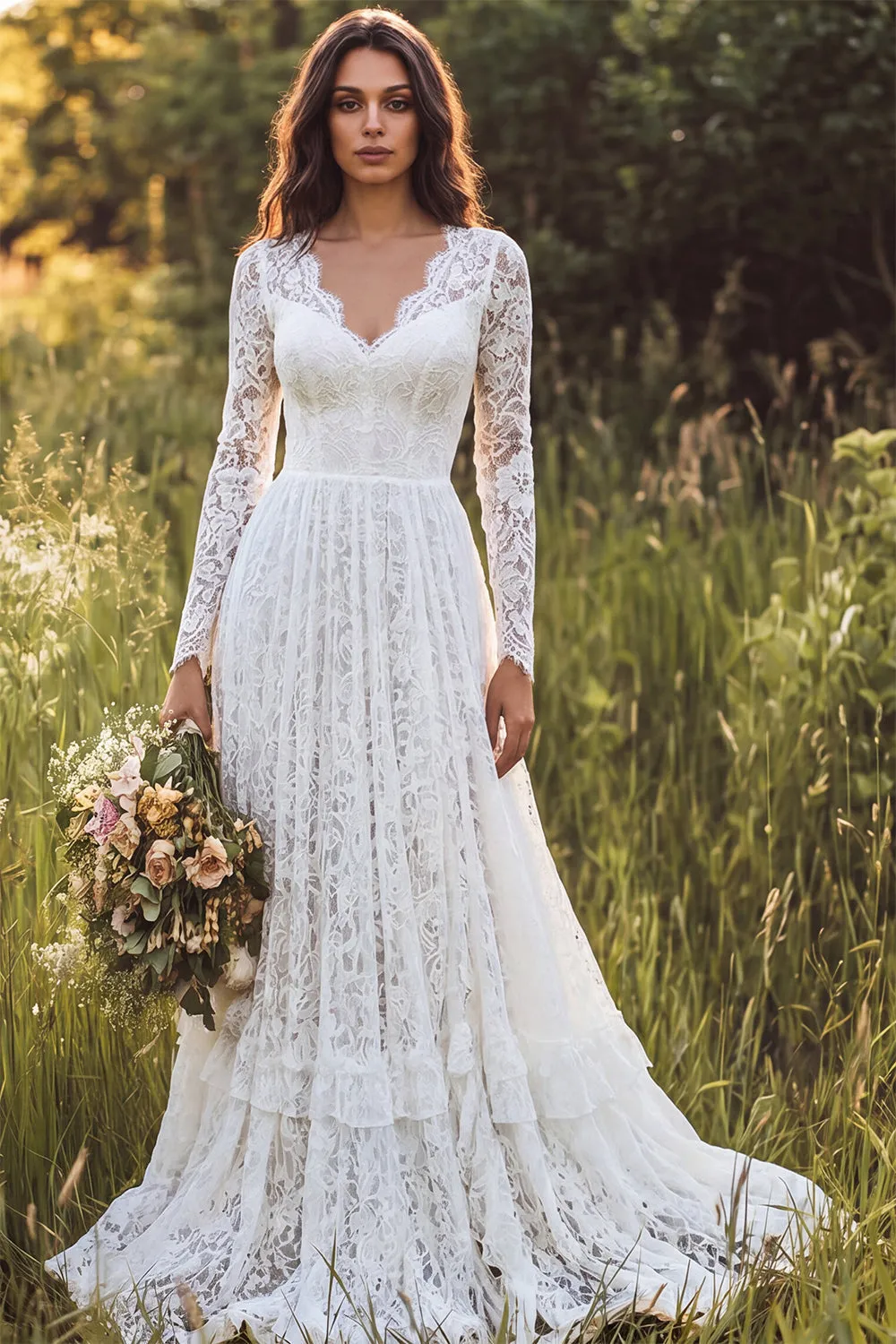 Lace Ivory A Line V Neck Long Sleeve Wedding Dress sold by Wedtrend