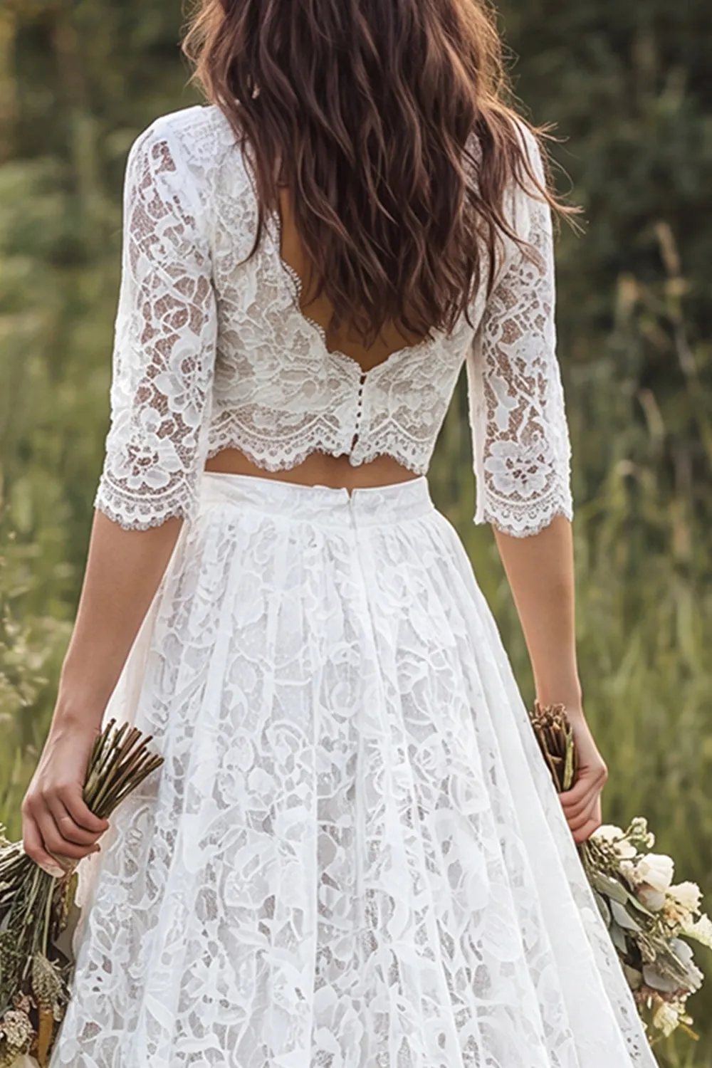 Boho Ivory A Line 2 Piece V Neck Lace Wedding Dress with Half Sleeves sold by Wedtrend product image thumbnail 4