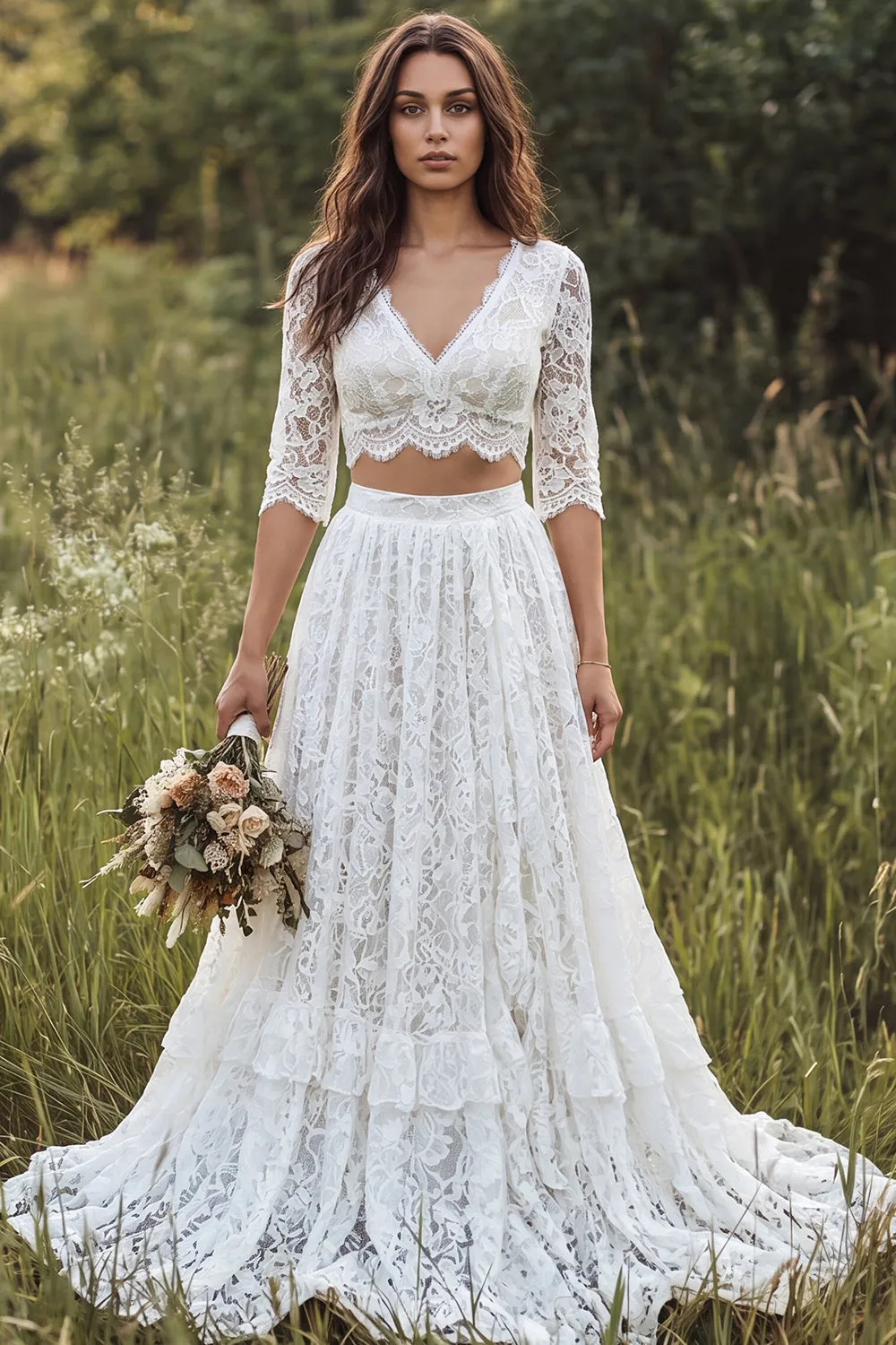 Boho Ivory A Line 2 Piece V Neck Lace Wedding Dress with Half Sleeves sold by Wedtrend