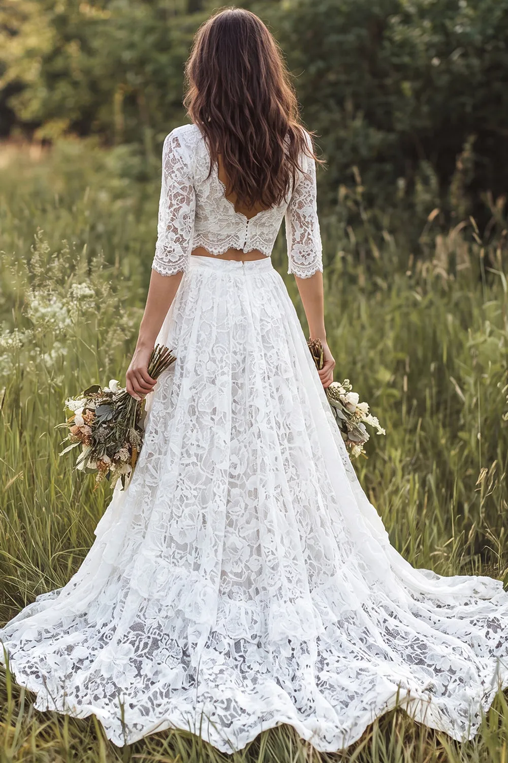 Boho Ivory A Line 2 Piece V Neck Lace Wedding Dress with Half Sleeves sold by Wedtrend product image thumbnail 2