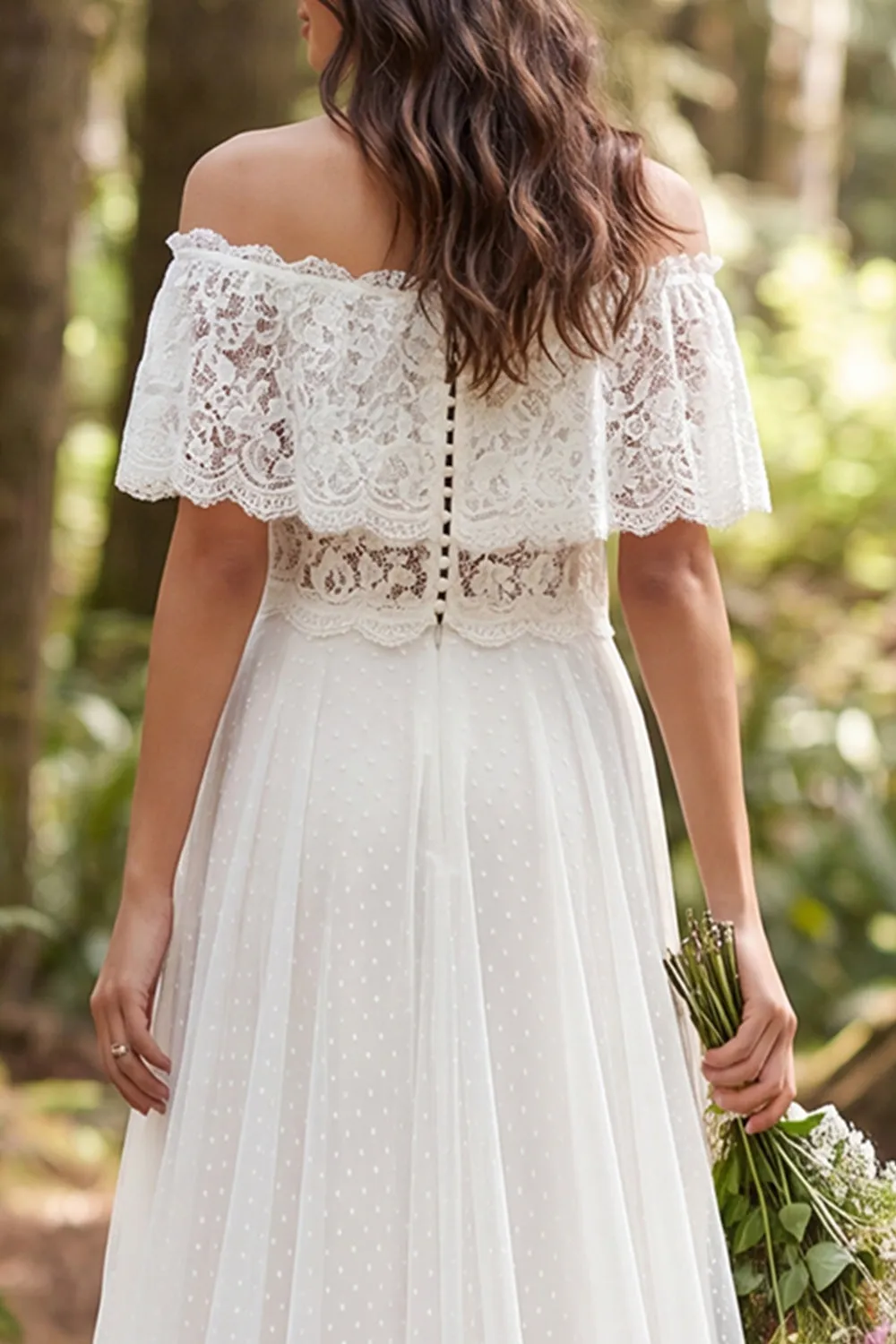 Off the Shoulder Ivory A Line Long Wedding Dress with Lace sold by Wedtrend product image thumbnail 4