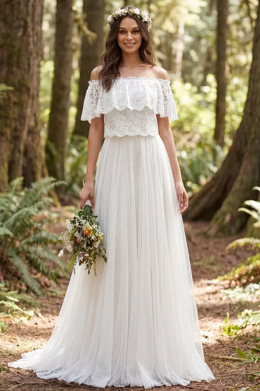 Off the Shoulder Ivory A Line Long Wedding Dress with Lace made by Wedtrend