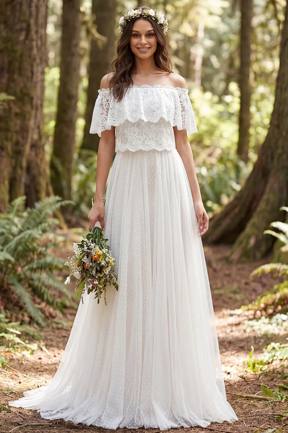 Off the Shoulder Ivory A Line Long Wedding Dress with Lace sold by Wedtrend