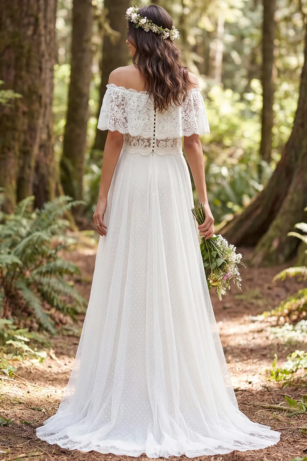 Off the Shoulder Ivory A Line Long Wedding Dress with Lace sold by Wedtrend product image thumbnail 2