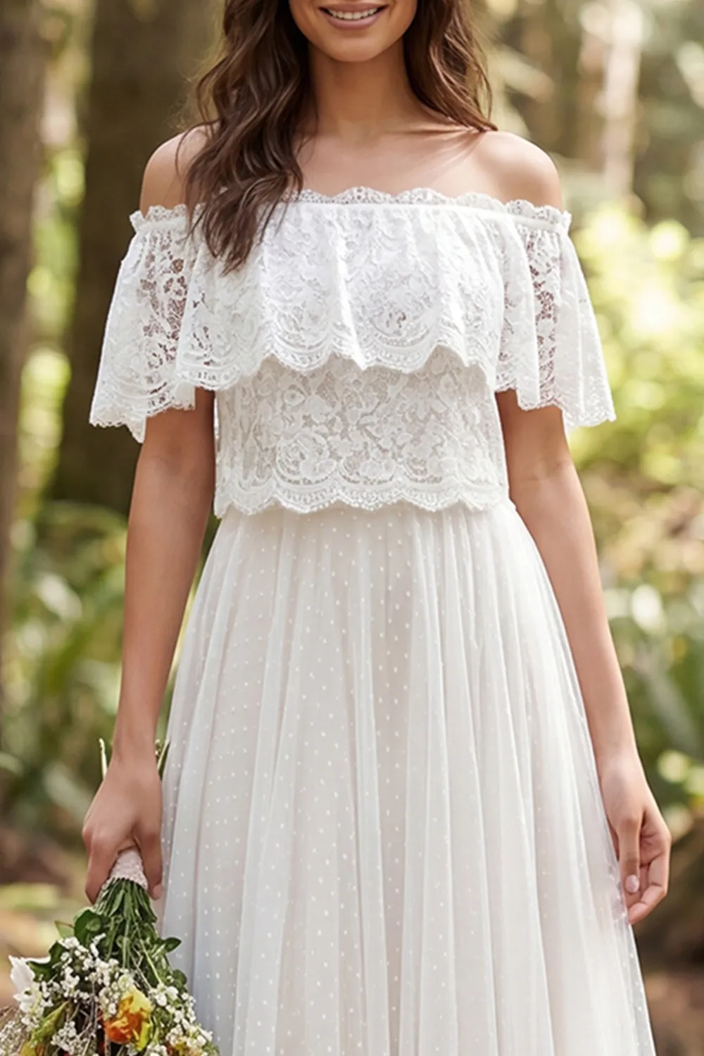 Off the Shoulder Ivory A Line Long Wedding Dress with Lace sold by Wedtrend product image thumbnail 3