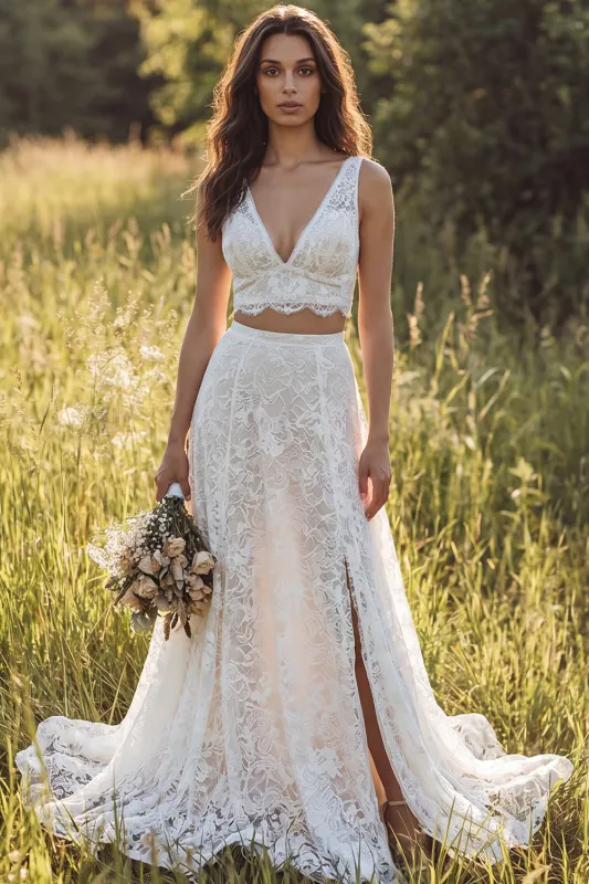 2 Piece Ivory A Line V Neck Lace Boho Wedding Dress with Slit made by Wedtrend