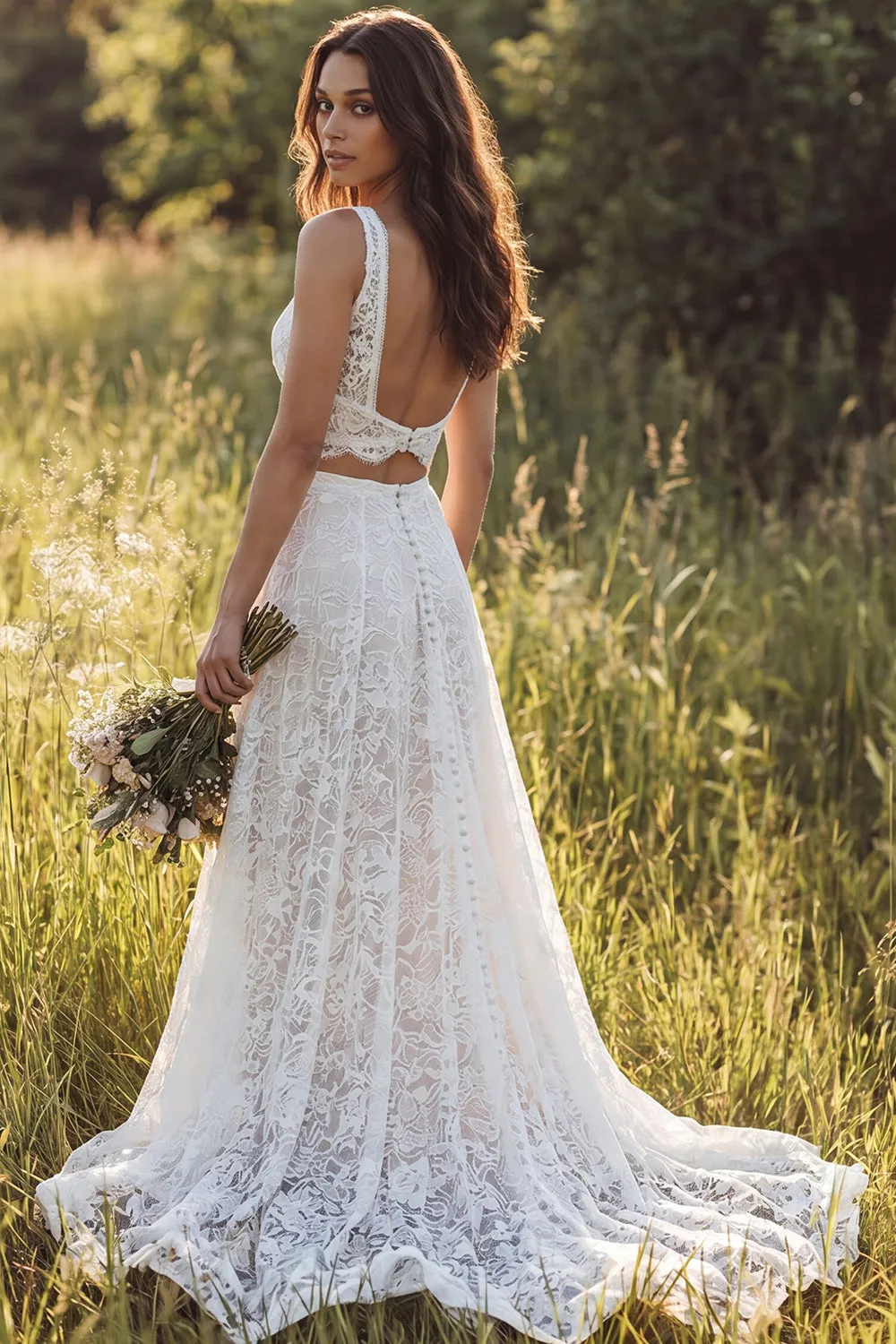 2 Piece Ivory A Line V Neck Lace Boho Wedding Dress with Slit sold by Wedtrend product image thumbnail 2