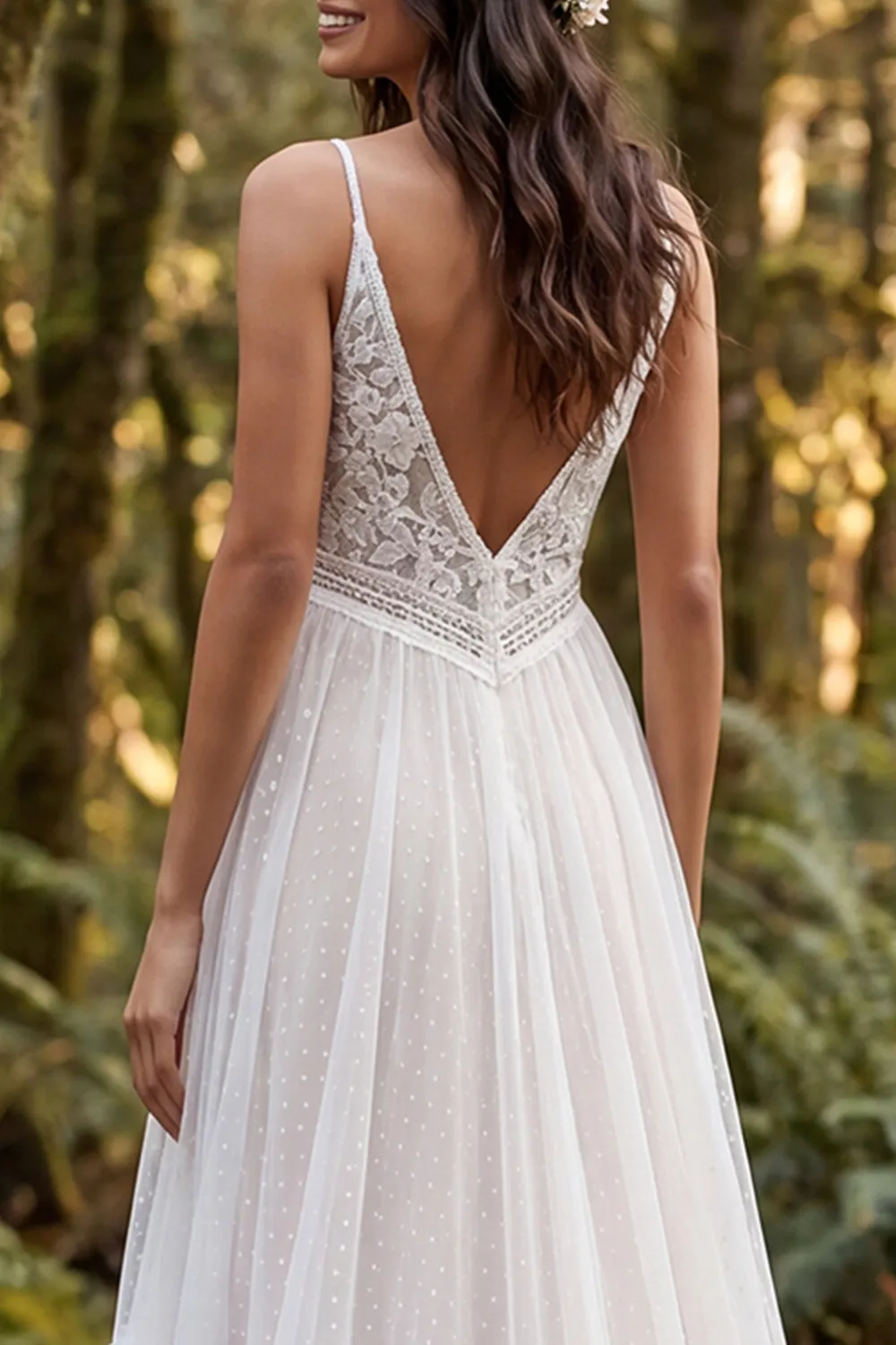 Ivory A Line Ruffled Spaghetti Straps Lace Retro Wedding Dress sold by Wedtrend product image thumbnail 4