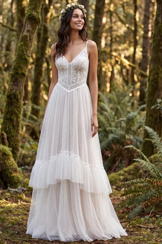 Ivory A Line Ruffled Spaghetti Straps Lace Retro Wedding Dress made by Wedtrend