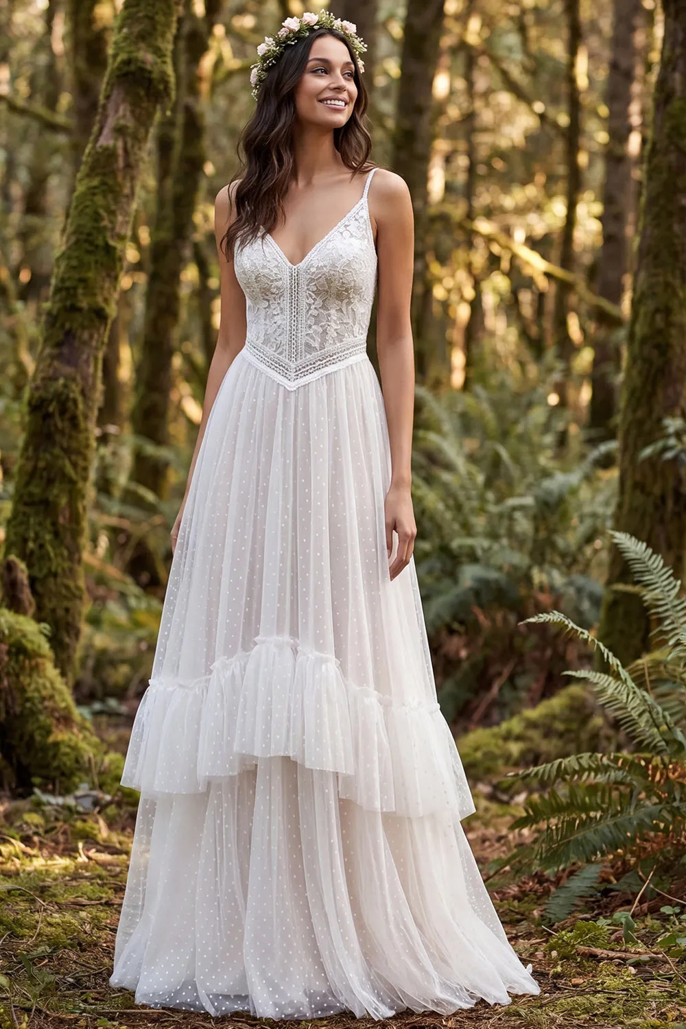Ivory A Line Ruffled Spaghetti Straps Lace Retro Wedding Dress sold by Wedtrend