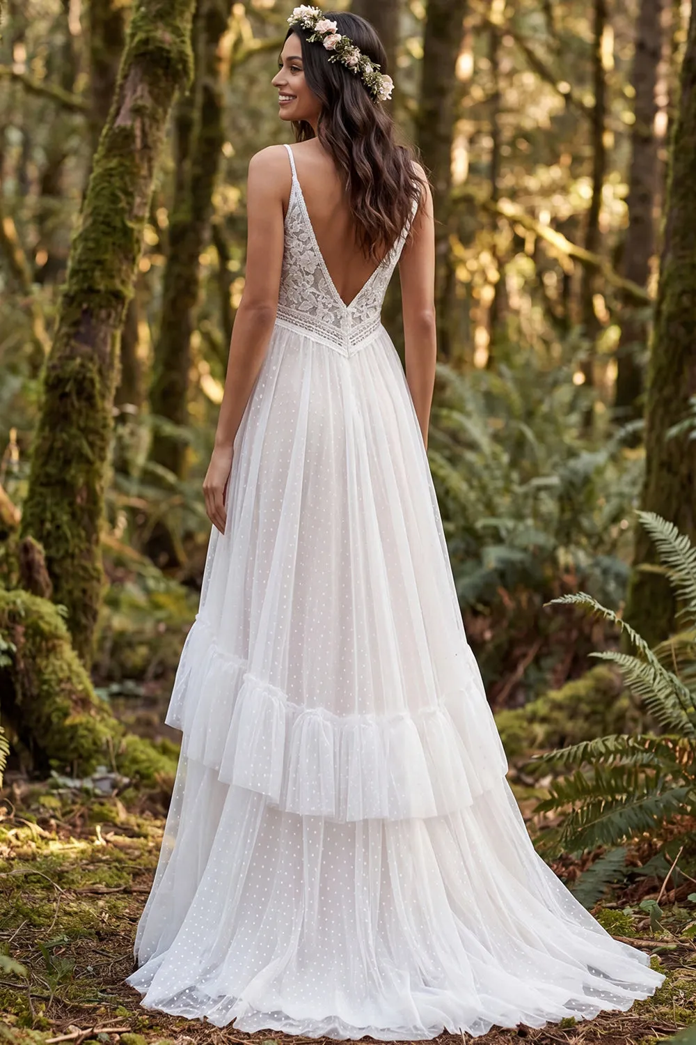 Ivory A Line Ruffled Spaghetti Straps Lace Retro Wedding Dress sold by Wedtrend product image thumbnail 2