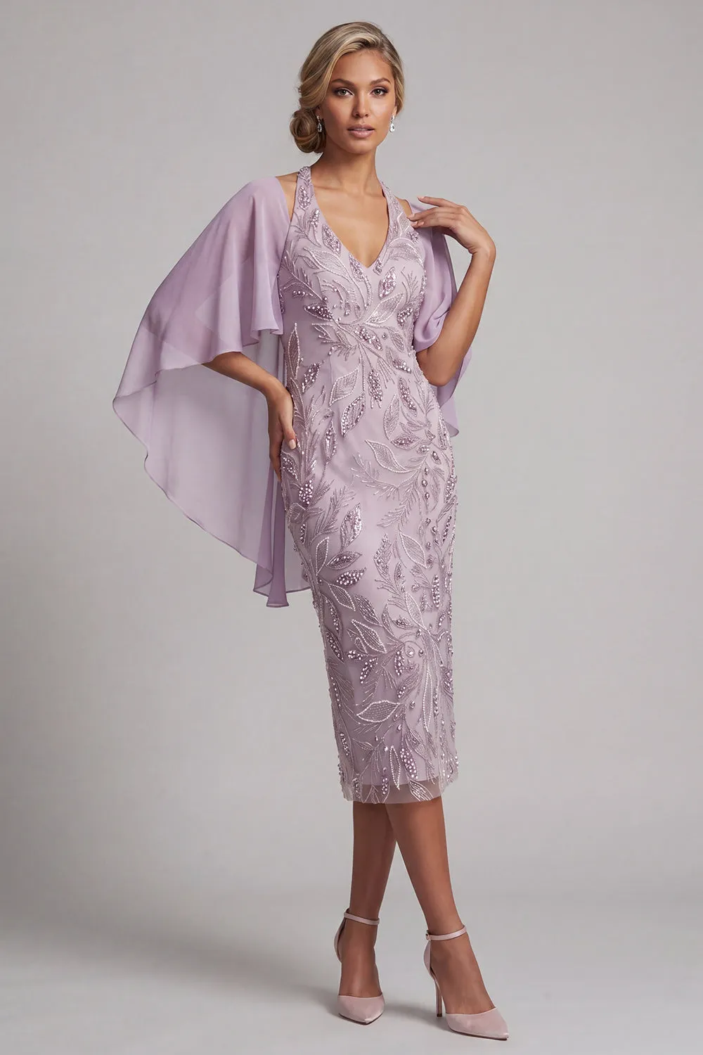 Halter Lilac Bodycon Beaded Midi Mother of the Bride Dress with Cape sold by Wedtrend product image thumbnail 3