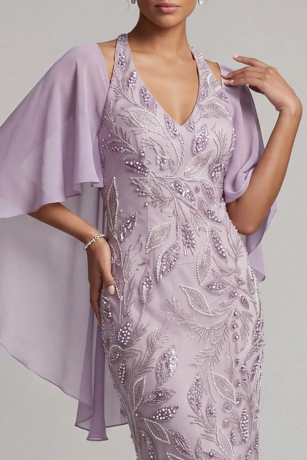 Halter Lilac Bodycon Beaded Midi Mother of the Bride Dress with Cape sold by Wedtrend product image thumbnail 4