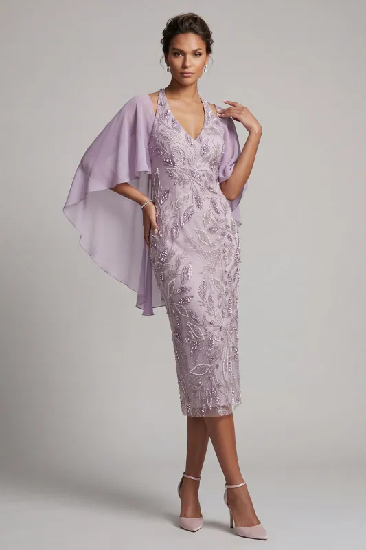 Halter Lilac Bodycon Beaded Midi Mother of the Bride Dress with Cape made by Wedtrend