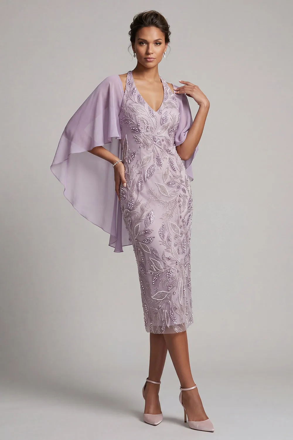 Halter Lilac Bodycon Beaded Midi Mother of the Bride Dress with Cape sold by Wedtrend