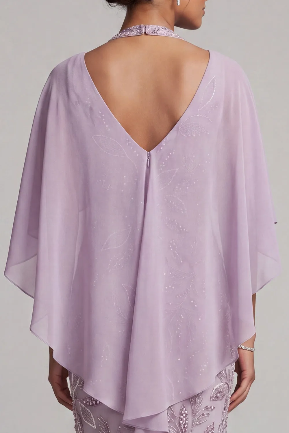 Halter Lilac Bodycon Beaded Midi Mother of the Bride Dress with Cape sold by Wedtrend product image thumbnail 5