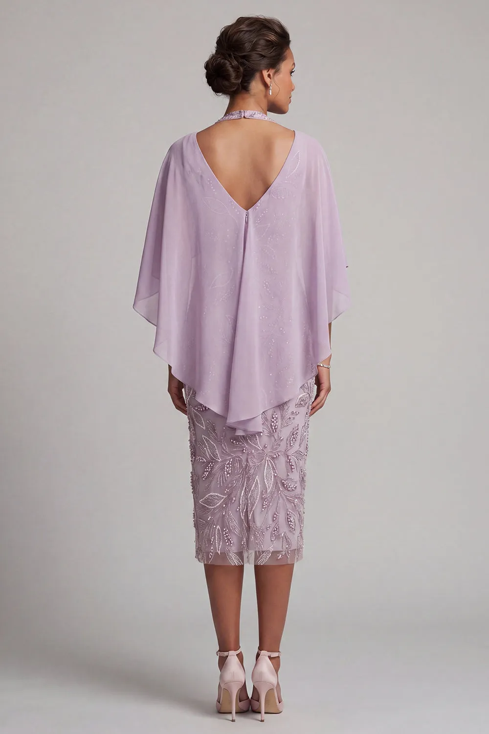 Halter Lilac Bodycon Beaded Midi Mother of the Bride Dress with Cape sold by Wedtrend product image thumbnail 2