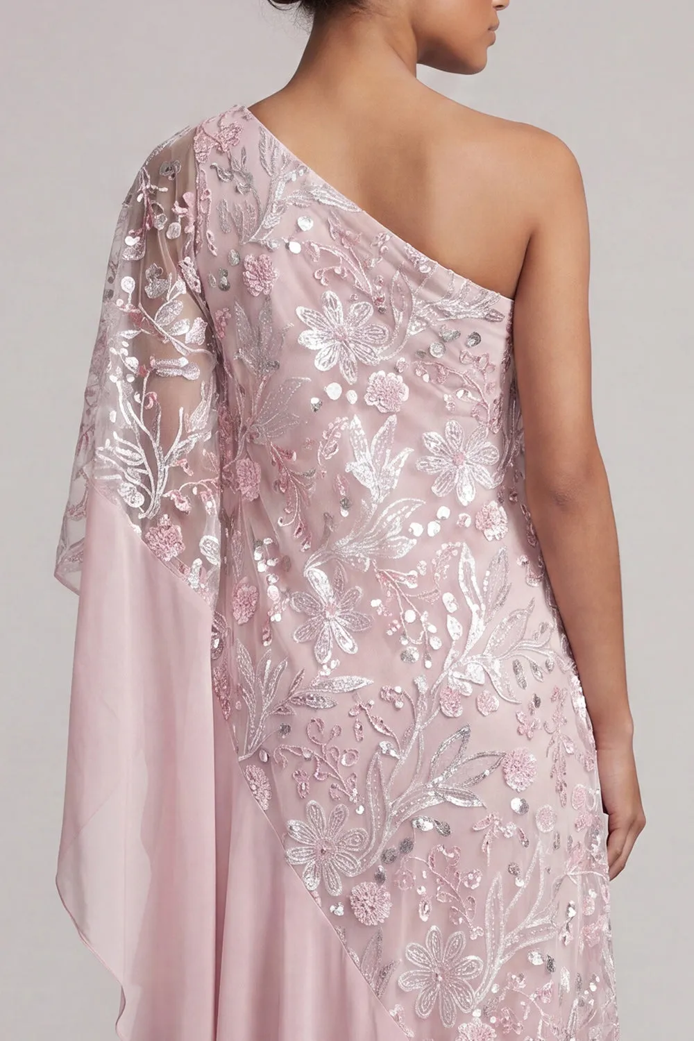 Pink One Shoulder Sequin Long Mother of the Bride Dress with Cape Sleeves sold by Wedtrend product image thumbnail 5