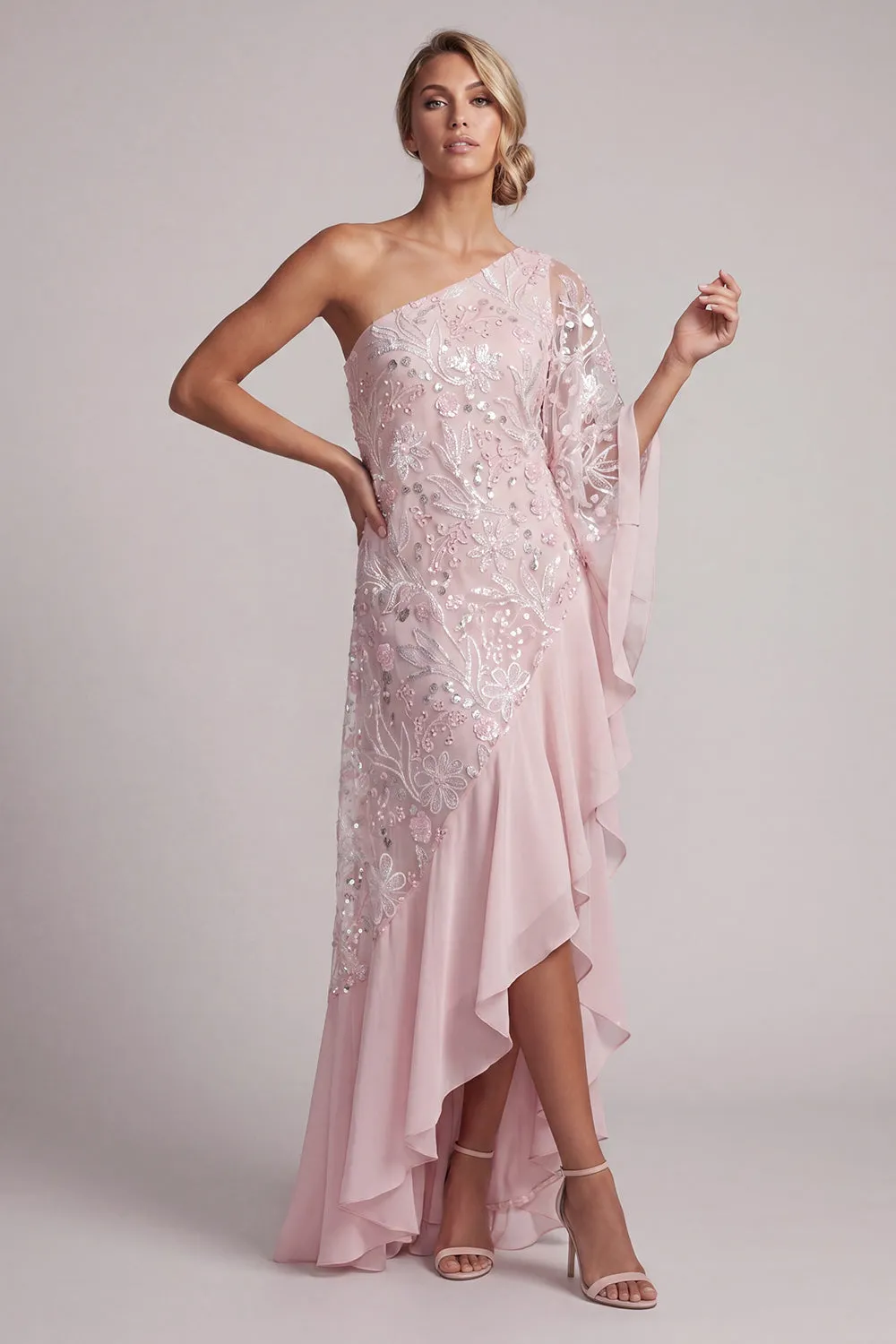 Pink One Shoulder Sequin Long Mother of the Bride Dress with Cape Sleeves sold by Wedtrend product image thumbnail 3