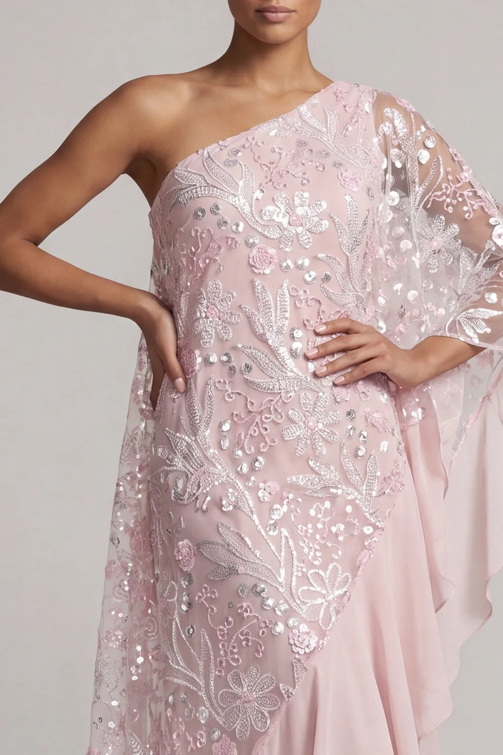 Pink One Shoulder Sequin Long Mother of the Bride Dress with Cape Sleeves sold by Wedtrend product image thumbnail 4