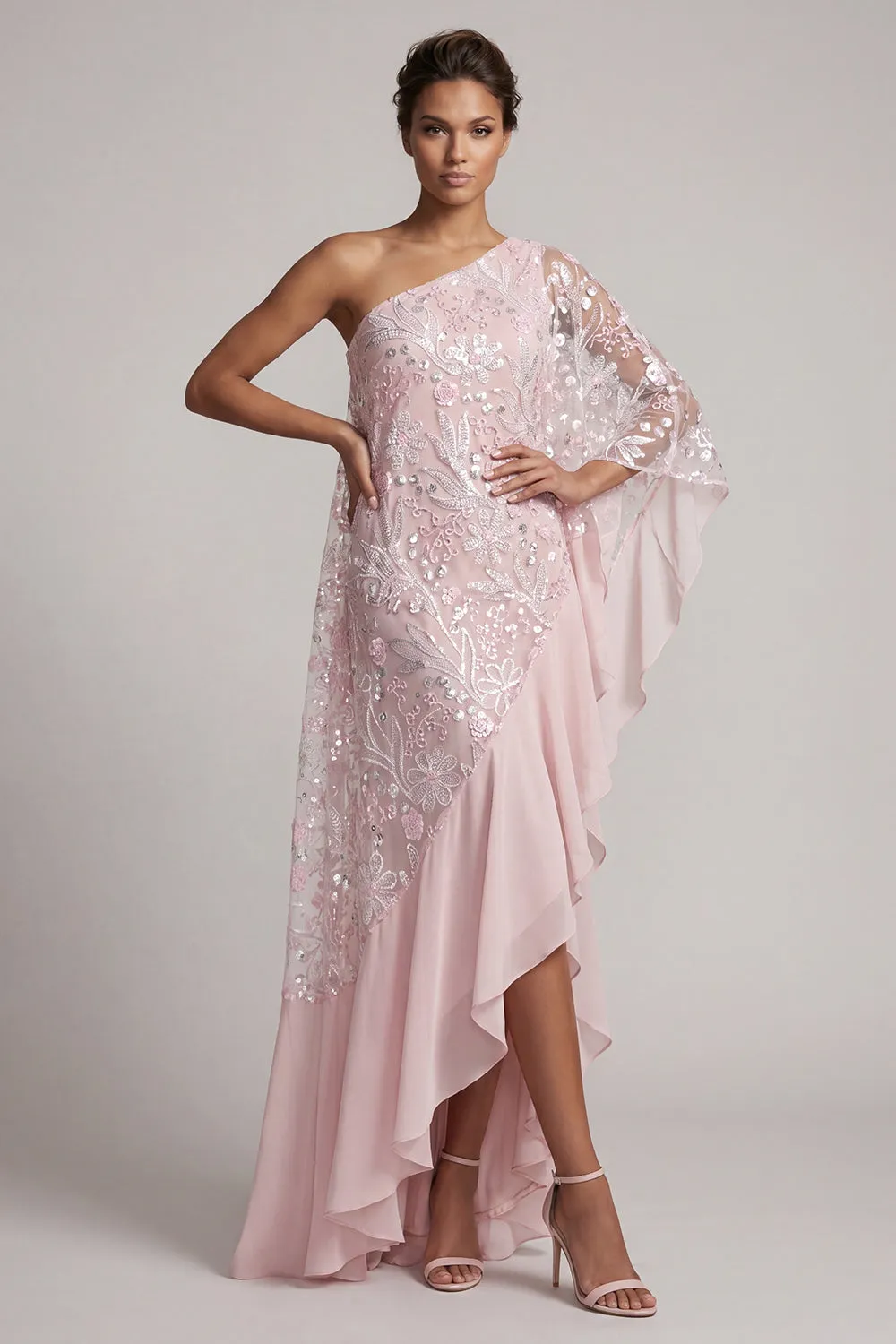 Pink One Shoulder Sequin Long Mother of the Bride Dress with Cape Sleeves sold by Wedtrend