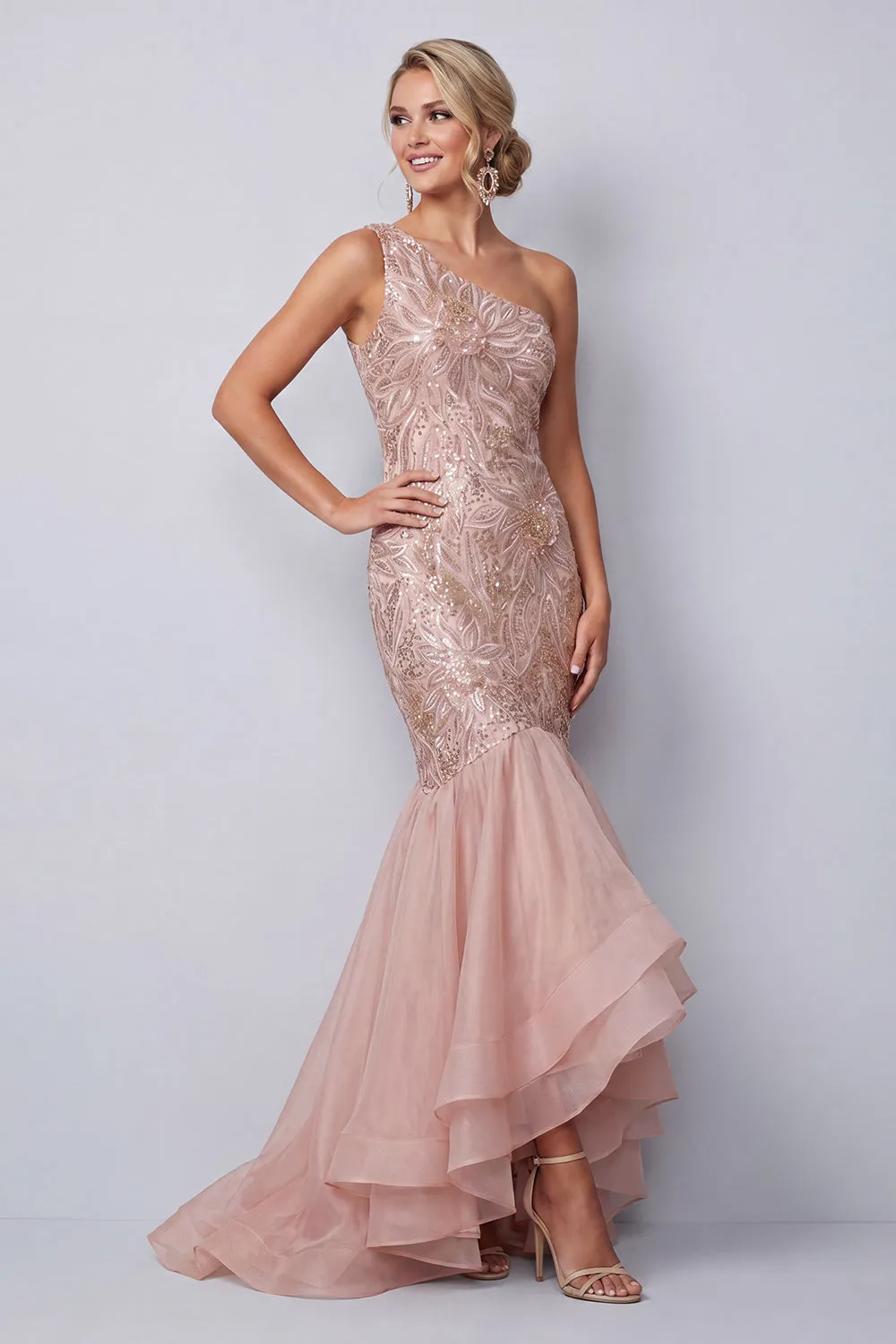 One Shoulder Mermaid Sequin Pink Mother of the Bride Dress with Ruffles sold by Wedtrend product image thumbnail 3