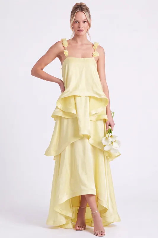 Daffodil Tiered Ruffle A Line Bridesmaid Dress with 3D Flowers made by Wedtrend
