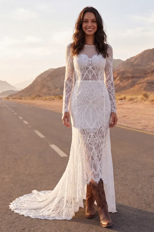 Boho Ivory Mermaid Lace Wedding Dress with Long Sleeves made by Wedtrend