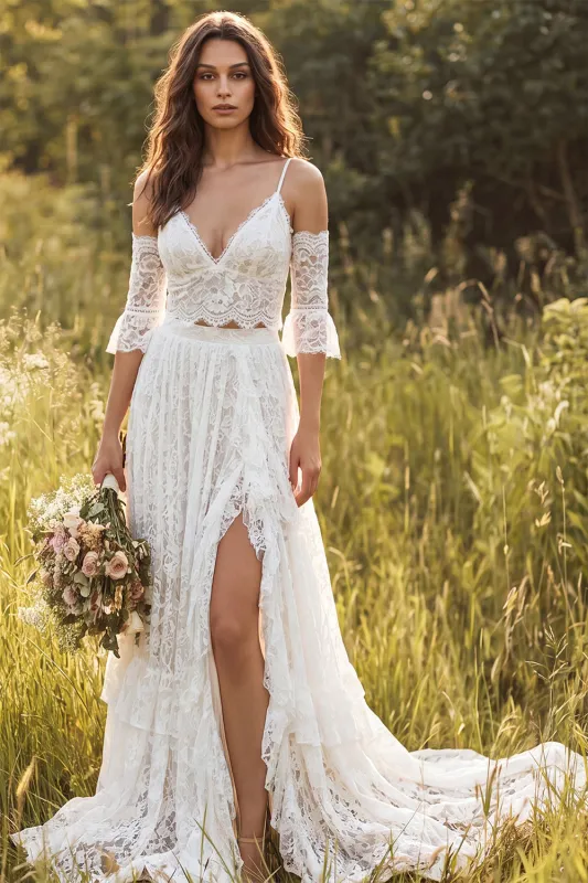 Ivory A Line Spaghetti Straps 2 Piece Lace Wedding Dress with Slit made by Wedtrend