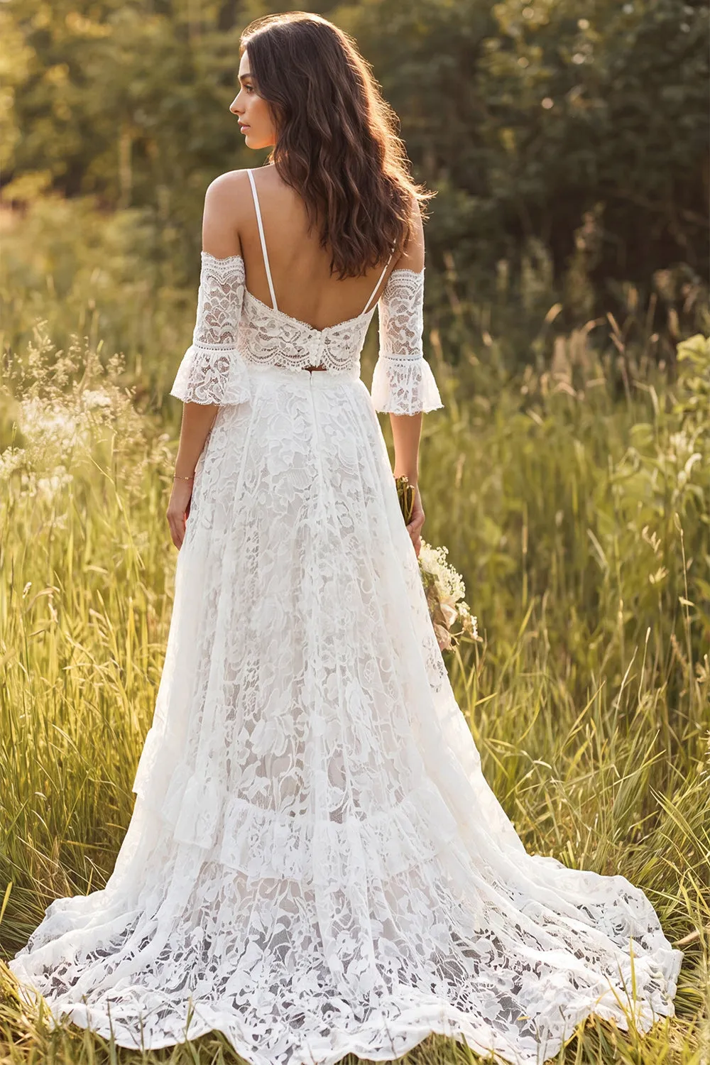 Ivory A Line Spaghetti Straps 2 Piece Lace Wedding Dress with Slit sold by Wedtrend product image thumbnail 2