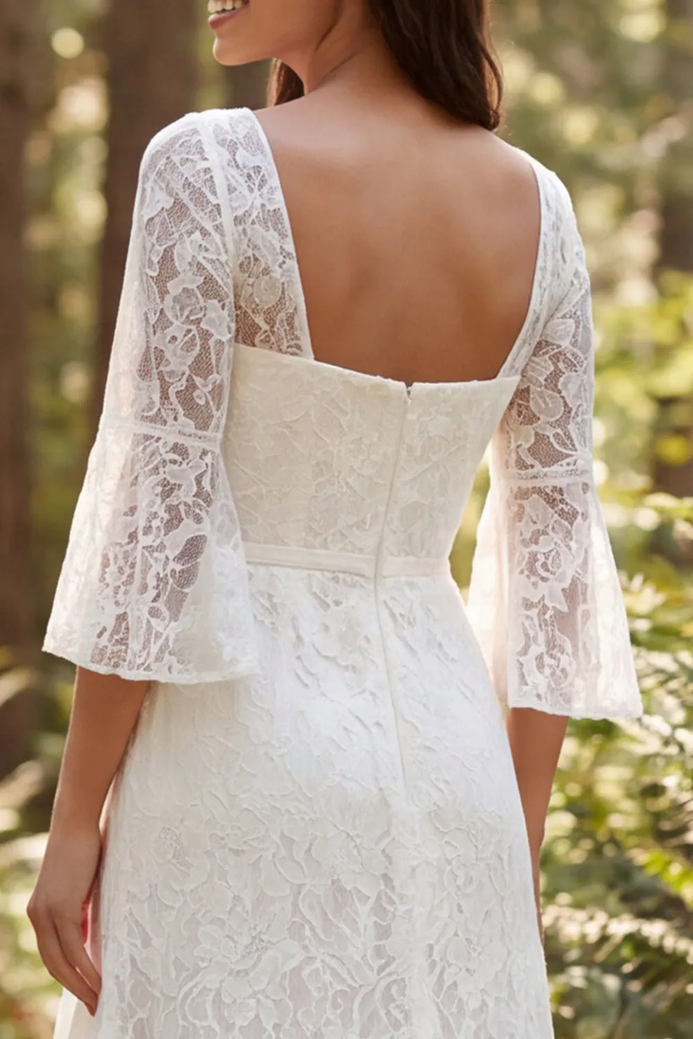Ivory Lace Ruffle A Line 3/4 Sleeve Long Wedding Dress with Slit sold by Wedtrend product image thumbnail 4